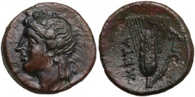 Greek Italy. Southern Lucania, Metapontum. AE 17 mm, c. 3rd century century BC. Obv. Head of Dionysos left, wearing ivy wreath. Rev. Barley ear; cross...