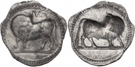 Greek Italy. Southern Lucania, Sybaris. AR Stater, c. 550-510 BC. Obv. Bull standing left on dotted ground line, head turned back; above, YM. Rev. Inc...