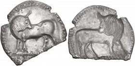 Greek Italy. Southern Lucania, Sybaris. AR Nomos, c. 550-510 BC. Obv. Bull standing left, head right; VM in exergue. Rev. Incuse bull standing right, ...