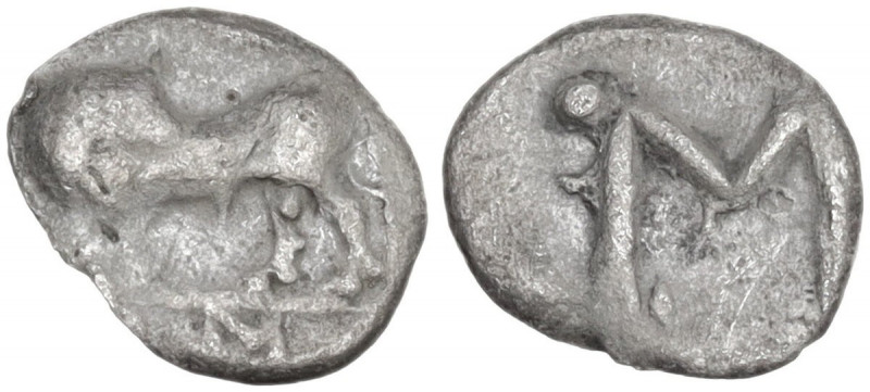 Greek Italy. Southern Lucania, Sybaris. AR Obol, c. 550-510 BC. Obv. Bull standi...