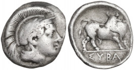 Greek Italy. Southern Lucania, Sybaris. AR Triobol, c. 446-440 BC. Obv. Head of Athena right, wearing wreathed Attic helmet. Rev. Bull right, head tur...
