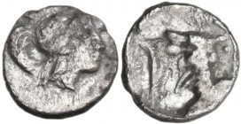 Greek Italy. Southern Lucania, Sybaris. AR Trihemiobol, c. 446-440 BC. Obv. Head of Athena right, wearing wreathed Attic helmet. Rev. [ΣΥΒΑ]. Head of ...