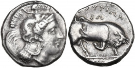 Greek Italy. Southern Lucania, Thurium. AR Stater, 350-300 BC. Obv. Head of Athena right, wearing Attic helmet decorated with Scylla throwing stone. R...
