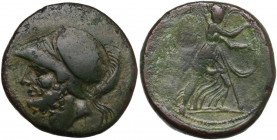 Greek Italy. Bruttium, Brettii. AE Double (Didrachm), c. 208-203 BC. Obv. Head of Ares left, wearing crested helmet. Rev. [BPETTIΩN]. Athena advancing...