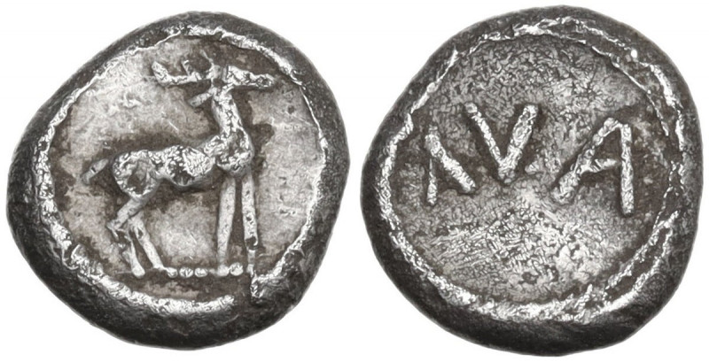 Greek Italy. Bruttium, Kaulonia. AR Triobol, c. 500-480 BC. Obv. Stag standing r...