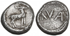Greek Italy. Bruttium, Kaulonia. AR Triobol, c. 500-480 BC. Obv. Stag standing right. Rev. ΛVA. HN Italy 2041; SNG ANS 860; Noe, Caulonia –; Garrucci ...