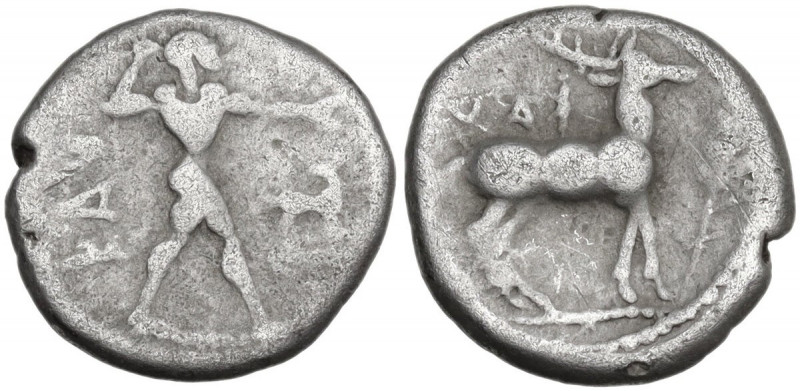 Greek Italy. Bruttium, Kaulonia. AR Third Nomos – Drachm, c. 475-425 BC. Obv. Ap...