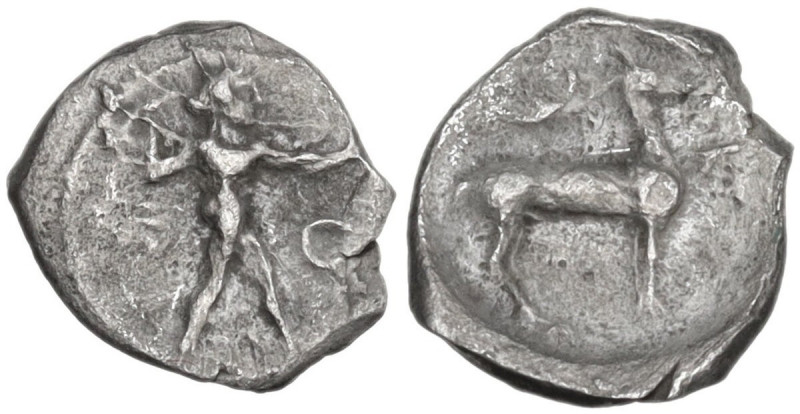 Greek Italy. Bruttium, Kaulonia. AR Obol, c. 480-388 BC. Obv. Apollo advancing r...