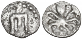 Greek Italy. Bruttium, Kroton. AR Obol, c. 525-425 BC. Obv. Tripod with legs terminating in lion's feet; O above. Rev. Octopus. Cf. HN Italy 2128 (Tri...
