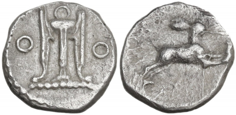 Greek Italy. Bruttium, Kroton. AR Diobol, c. 525-425 BC. Obv. Tripod; O to eithe...