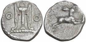 Greek Italy. Bruttium, Kroton. AR Diobol, c. 525-425 BC. Obv. Tripod; O to either side. Rev. Hare running right. Cf. HN Italy 2133; Cf. SNG ANS 332; C...