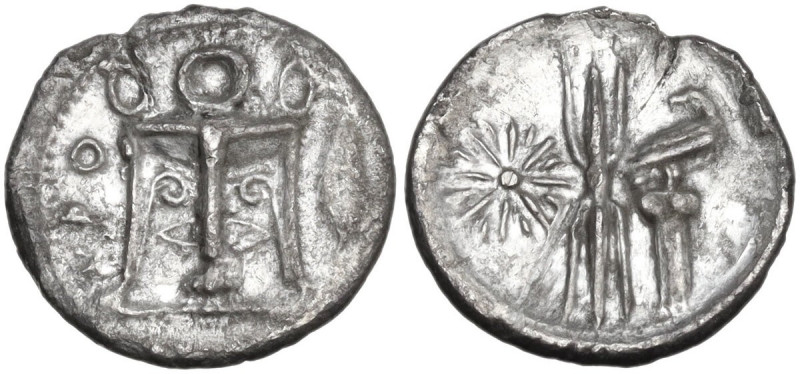 Greek Italy. Bruttium, Kroton. AR Triobol, c. 400-350 BC. Obv. KPO. Tripod; to r...