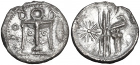 Greek Italy. Bruttium, Kroton. AR Triobol, c. 400-350 BC. Obv. KPO. Tripod; to right, leaf. Rev. Thunderbolt; star to left; to right, eagle standing r...