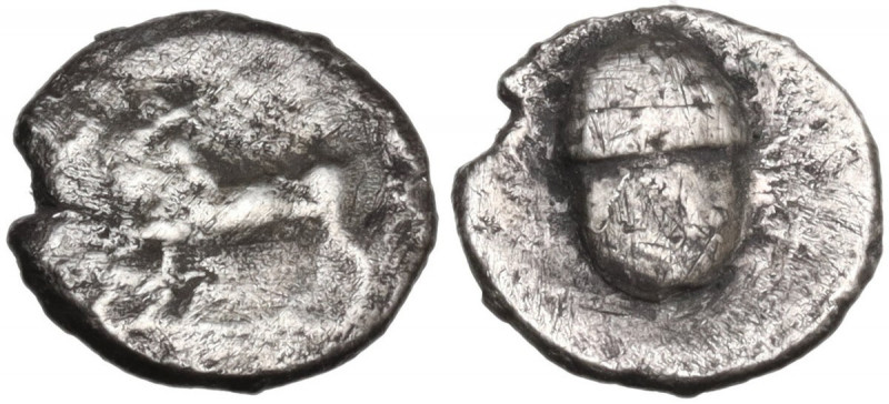 Greek Italy. Bruttium, Laus. AR Triobol, c. 480-460 BC. Obv. Man-headed bull sta...