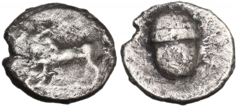 Greek Italy. Bruttium, Laus. AR Triobol, c. 480-460 BC. Obv. Man-headed bull sta...