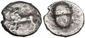 Greek Italy. Bruttium, Laus. AR Triobol, c. 480-460 BC. Obv. Man-headed bull standing left, head right. Rev. Acorn. HN Italy 2278; Sternberg 16. AR. 0...