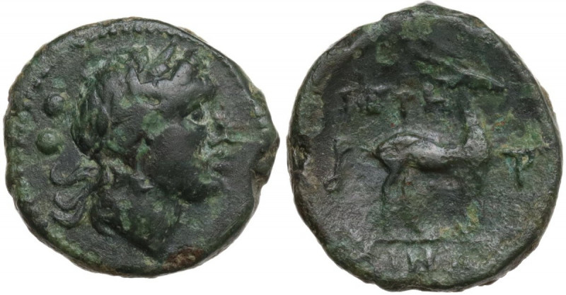 Greek Italy. Bruttium, Petelia. AE 14 mm, c. 204-200 BC. Obv. Laureate head of A...