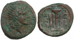 Greek Italy. Bruttium, Petelia. AE 14 mm, c. 204-200 BC. Obv. Radiate head of Helios right. Rev. ΠΕΤHΛ-ΙΝΩΝ. Tripod; to left, symbol (rudder?). HN Ita...