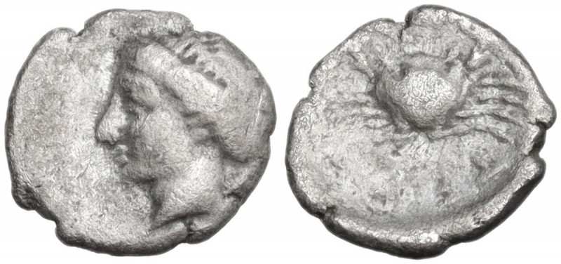 Greek Italy. Bruttium, Terina. AR Obol, c. 350-300 BC. Obv. Female head left. Re...