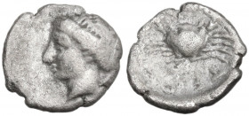 Greek Italy. Bruttium, Terina. AR Obol, c. 350-300 BC. Obv. Female head left. Rev. TEP. Crab. HN Italy 2640; cf. Holloway and Jenkins 104. AR. 6.22 g....