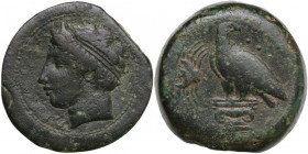 Sicily. Akragas. AE Hemilitron, c. 400-380 BC. Obv. ΑΚΡΑΓΑΣ. Horned head of young river god Akragas left, wearing tainia. Rev. Eagle standing left, he...
