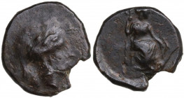 Sicily. ΑΘΑ mint in Northwestern Sicily. AE 15 mm, c. 350-340 BC. Obv. [AΘA]. Head of Athena right. Rev. Female figure seated right on throne, holding...