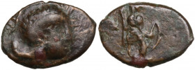 Sicily. ΑΘΑ mint in Northwestern Sicily. ΑΕ Tetras. Imitative issue (?), c. 340-330 BC. Obv. Head of Athena right, wearing crested Attic helmet decora...