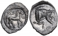 Sicily. Gela. AR Litra, c. 465-450 BC. Obv. Bridled horse advancing right; wreath above. Rev. CΕΛΑ. Forepart of man-headed bull right. HGC 2 373; SNG ...