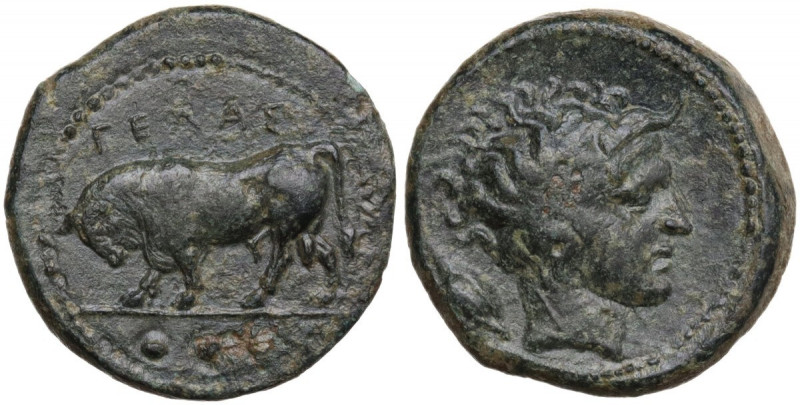 Sicily. Gela. AE Tetras or Trionkion, c. 420-405 BC. Obv. Bull standing left; ΓΕ...