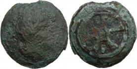 Roma/Wheel series. AE Cast As, c. 230 BC. Obv. Head of Roma right, wearing Phrygian helmet with pinnate crest; behind, I. Rev. Wheel of six spokes; be...