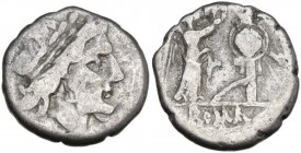 Anonymous. Victoriatus, uncertain mint, 203-202 BC. Obv. Laureate head of Jupiter right. Rev. Victory standing right, crowning trophy; in exergue, ROM...