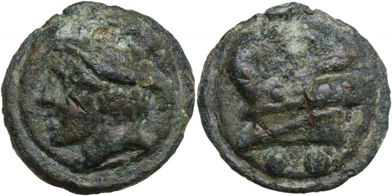 Janus/Prow to left libral series. AE Cast Sextans, c. 225-217 BC. Obv. Head of M...