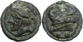 Janus/Prow to left libral series. AE Cast Sextans, c. 225-217 BC. Obv. Head of Mercury left, wearing winged petasus. Rev. Prow left; below, two pellet...