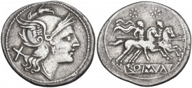 Anonymous. AR Denarius, uncertain Campanian mint (Castra Claudiana?), 215 BC. Obv. Helmeted head of Roma right, with tripartite visor; behind, X. Rev....