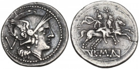 Anonymous. AR Quinarius, uncertain Campanian mint (Cales?), 214 BC. Obv. Helmeted head of Roma right; behind, V. Rev. The Dioscuri galloping right; in...