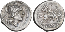 Anonymous. AR Quinarius, uncertain Campanian mint (Castra?), 215 BC. Obv. Helmeted head of Roma right; behind, V. Rev. The Dioscuri galloping right; i...