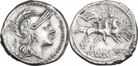 Anonymous. AR Quinarius, uncertain Campanian mint, 215 BC. Obv. Helmeted head of Roma right; behind, V. Rev. The Dioscuri galloping right; in linear f...