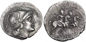 Anonymous. AR Quinarius, uncertain Samnite mint (Beneventum?), 213 BC. Obv. Helmeted head of Roma right; behind, V. Rev. The Dioscuri galloping right;...