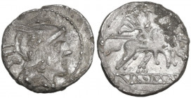 Anonymous. AR Sestertius, uncertain Samnite mint, 214 BC. Obv. Helmeted head of Roma right; behind, IIS. Rev. The Dioscuri galloping right; in linear ...