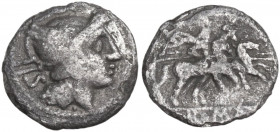 Anonymous. AR Sestertius, uncertain Samnite mint (Bovianum?), 214 BC. Obv. Helmeted head of Roma right; behind, IIS; below neck truncation, dot. Rev. ...