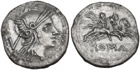 Anonymous. AR Quinarius, after 211 BC. Uncertain mint. Obv. Helmeted head of Roma right; behind, V. Rev. The Dioscuri galloping right; in exergue, ROM...