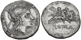 Anonymous. AR Quinarius, after 211 BC. Uncertain mint. Obv. Helmeted head of Roma right; behind, V. Rev. The Dioscuri galloping right; in exergue, ROM...