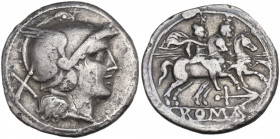 Anchor series. AR Denarius, uncertain Campanian mint (Capua?), 210 BC. Obv. Helmeted head of Roma right; behind, X. Rev. The Dioscuri galloping right;...
