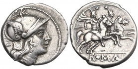 Anonymous. AR Denarius, uncertain Lucanian mint (Venusia?), 209 BC. Obv. Helmeted head of Rome right; behind, X (mostly off flan). Rev. The Dioscuri g...