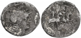 Anonymous. AR Quinarius, uncertain Campanian mint (Capua?), 205 BC. Obv. Helmeted head of Roma right (pointed helmet); behind, V. Rev. The Dioscuri ga...