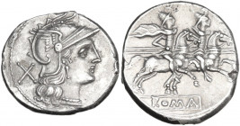 Anonymous. AR Denarius, uncertain Campanian mint (Capua?), 206-205 BC. Obv. Helmeted head of Roma right; behind, X. Rev. The Dioscuri galloping righ; ...