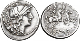 Anonymous. AR Denarius. Obv. Helmeted head of Roma right; behind, X. Rev. The Dioscuri galloping righ; in linear frame, ROMA. Cr. 53/2. AR. 4.38 g. 20...