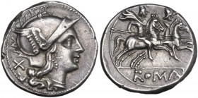 Anonymous. AR Denarius, uncertain Lucanian mint (Venusia?), 209 BC. Obv. Helmeted head of Rome right; behind, X. Rev. The Dioscuri galloping right; in...