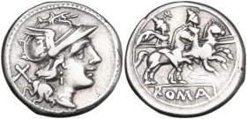 Anonymous. AR Denarius, after 211 BC. Obv. Helmeted head of Roma right; behind, X. Rev. The Dioscuri galloping right; below, ROMA in linear frame. Cr....