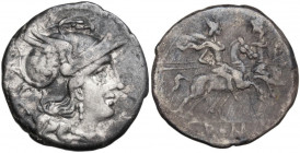 Anonymous. AR Denarius, uncertain Campanian mint (Capua?), 206-205 BC. Obv. Helmeted head of Roma right; behind, X. Rev. The Dioscuri galloping right;...